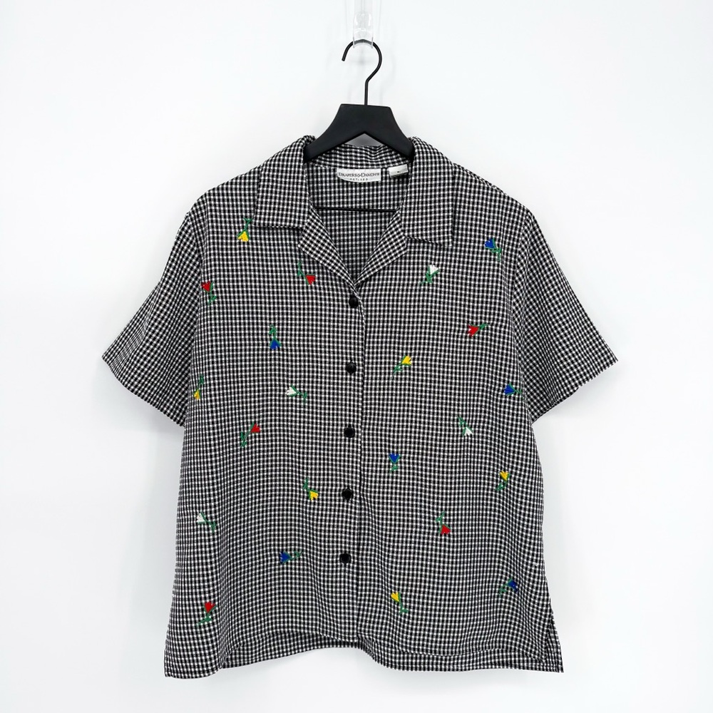 Vintage Draper's & Damon's Gingham Check Embroidered Flowers Button Down Top PL